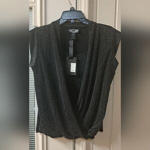 Anthropologie Oliver. O Blouse Black Round Neck Drop Faux Wrap Sparkly Party S